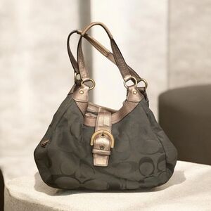 Coach Signature Olive Green Satchel Handbag with Metallic Trim